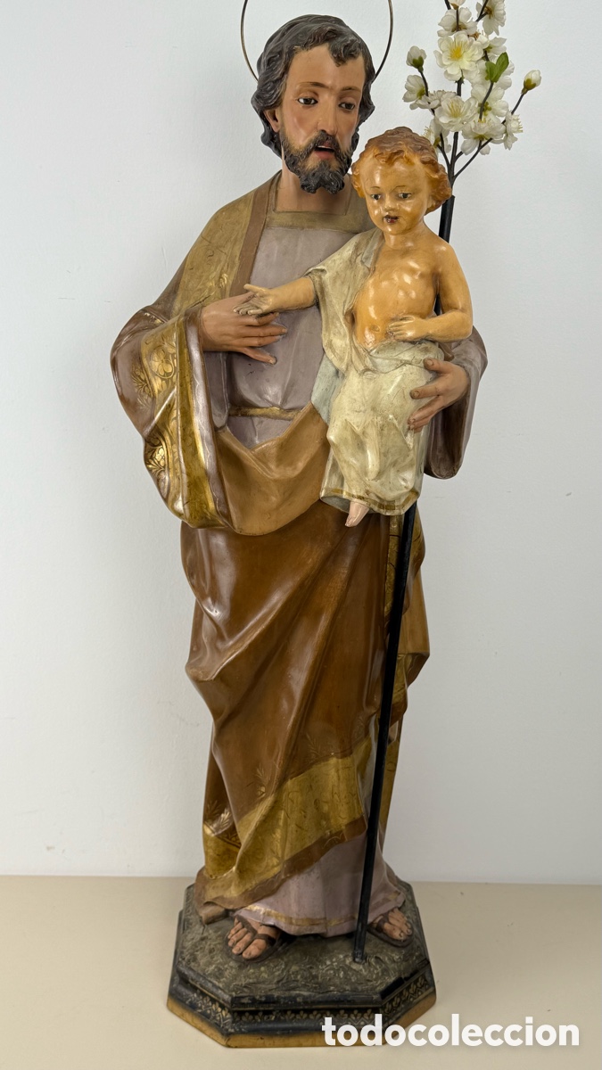 Arte: Escultura antigua gran formato. 90 cms. San Jos&eacute; con Ni&ntilde;o Jes&uacute;s de Olot. Arte Cristiano.