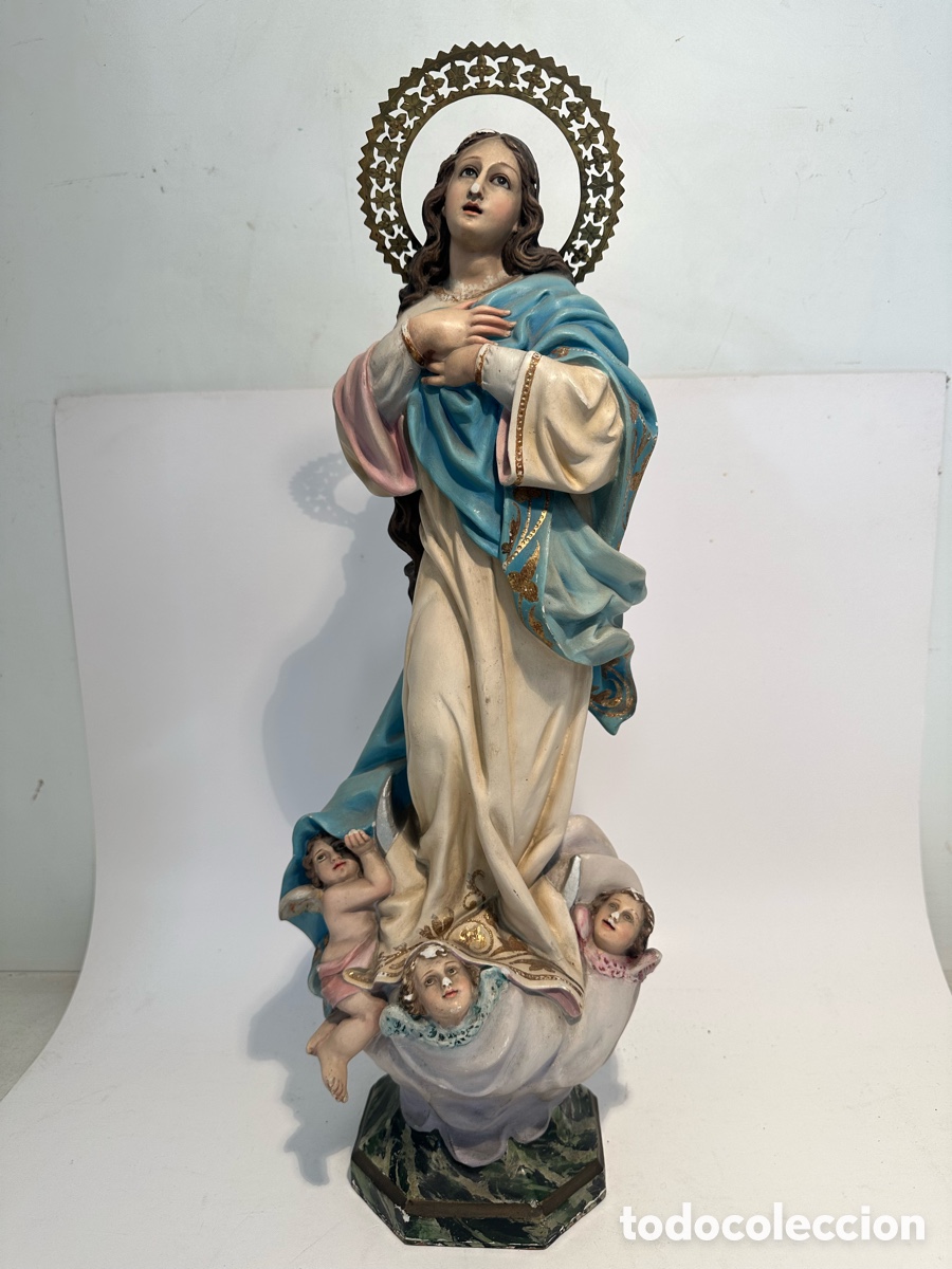 Arte: PRECIOSA VIRGEN PURISIMA CONCEPCION (MURILLO) DE ESTUCO ANTIGUA. SELLO TERESITAS VIC. 55CM.CM.