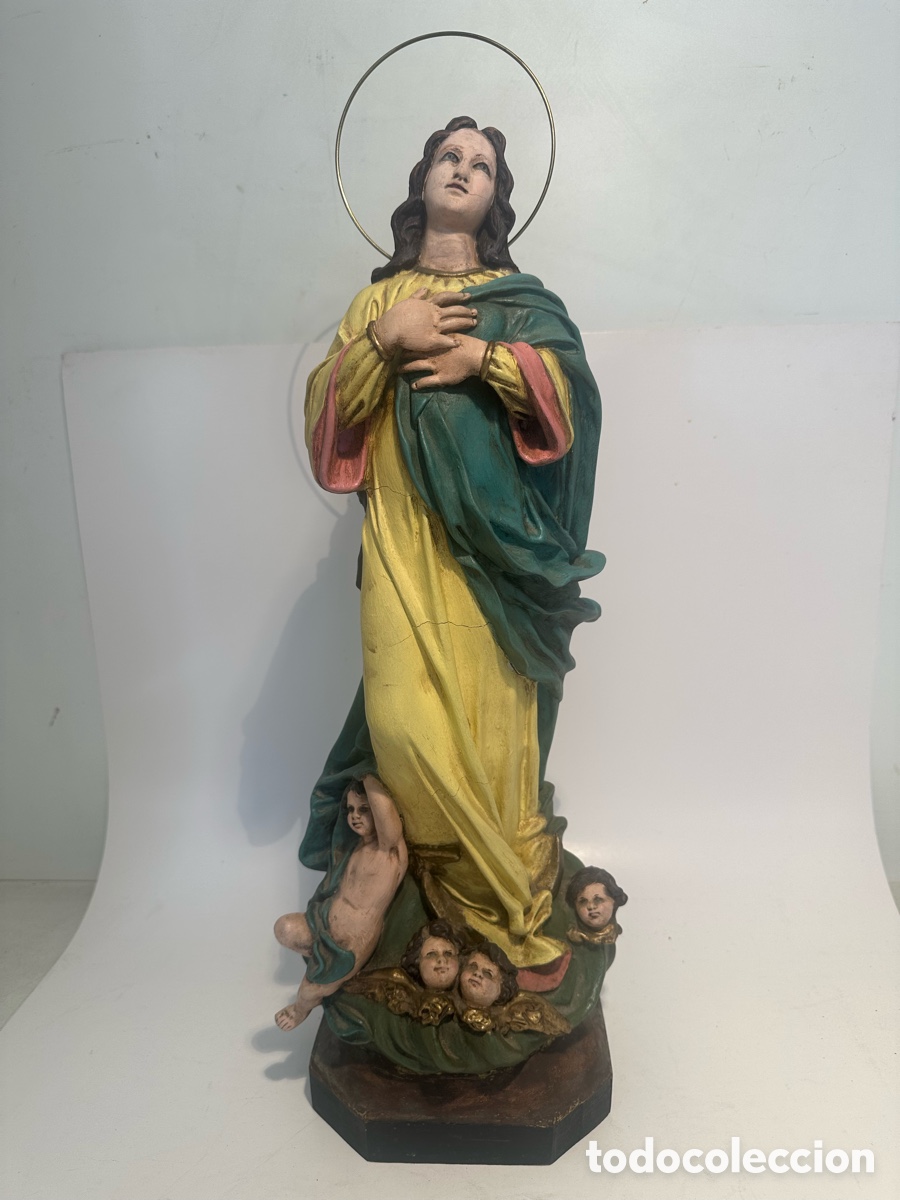 Arte: VIRGEN PURISIMA CONCEPCION (MURILLO) DE PASTA MADERA ANTIGUA. SELLO ARTE CRISTIANO OLOT. 55CM.CM.