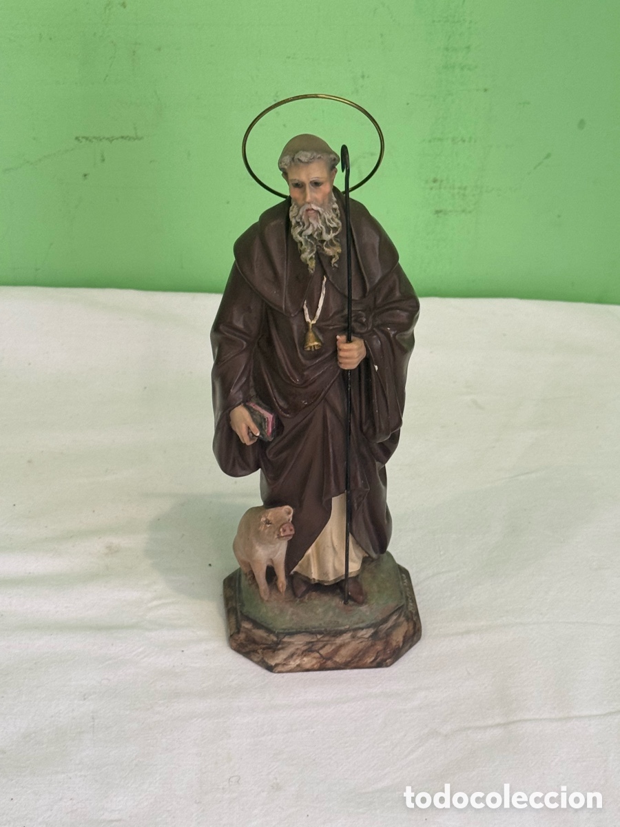 Arte: Figura religiosa San Antonio Abad Olot policromada con cerdo principios siglo XX