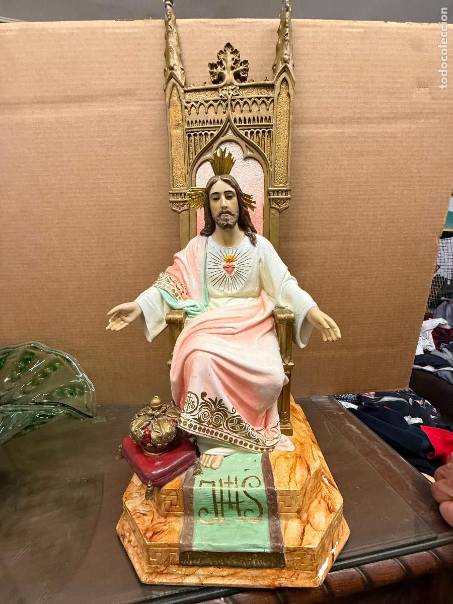 Arte: Excepcional SAGRADO CORAZON Sello taller Las Artes Religiosas Olot. Ojos cristal. 76cms altura total