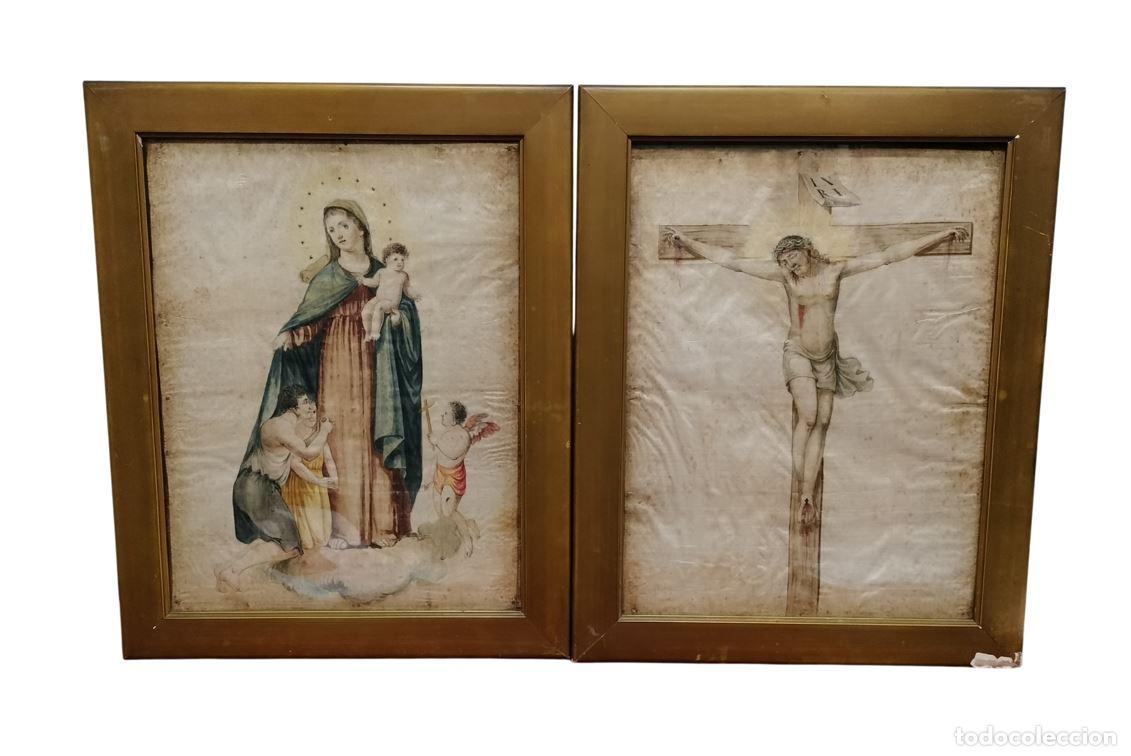 Arte: CRISTO CRUCIFICADO Y LA VIRGEN DE LA MISERICORDIA. T&Eacute;CNICA MIXTA SOBRE SEDA. ESPA&Ntilde;A. XVIII-XIX