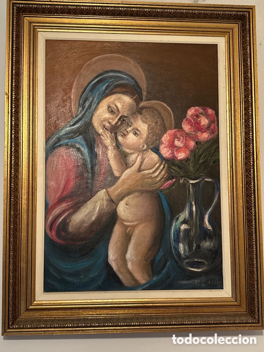 Arte: Pintura al &oacute;leo antigua con la Virgen y el ni&ntilde;o