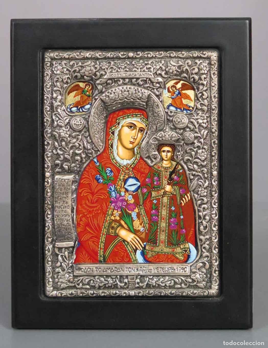 Arte: ICONO. VIRGEN DE LAS ROSAS. RIZA DE PLATA. PINTADO A MANO. SIGLO XX
