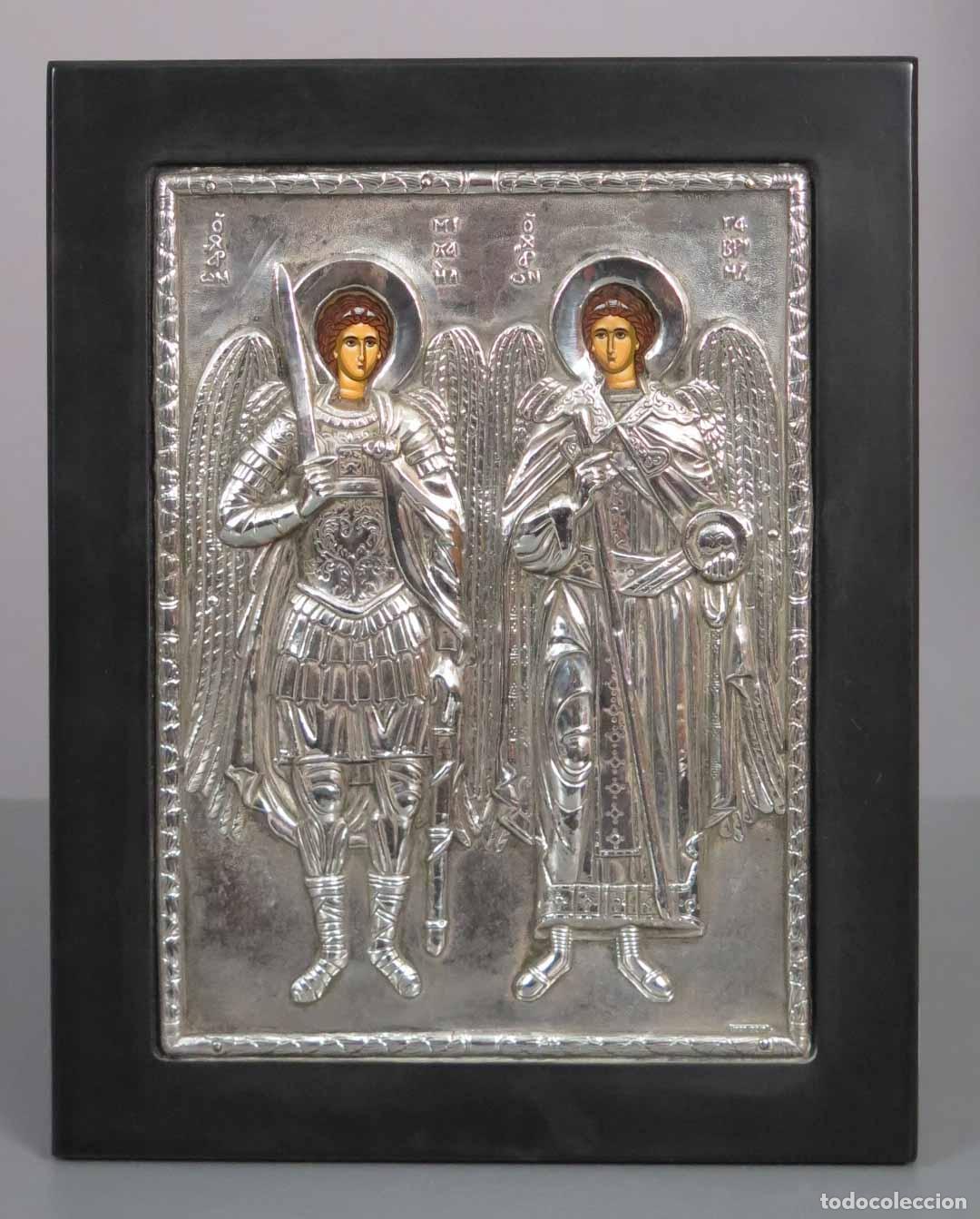 Arte: ICONO. SAN MIGUEL Y SAN GABRIEL. RIZA DE PLATA. PINTADO A MANO. SIGLO XX