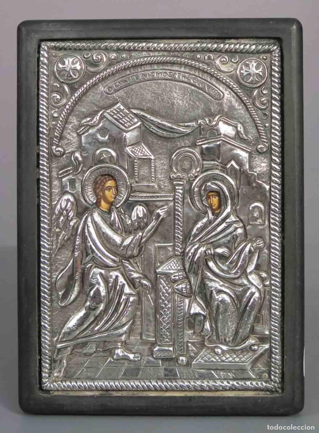 Arte: ICONO. ANUNCIACION. RIZA DE PLATA. PINTADO A MANO. SIGLO XX