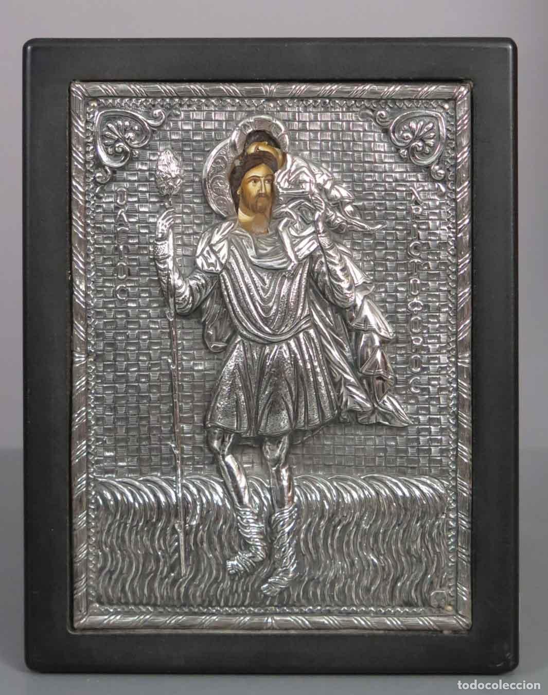 Arte: ICONO. SAN CRISTOBAL. RIZA DE PLATA. PINTADO A MANO. SIGLO XX