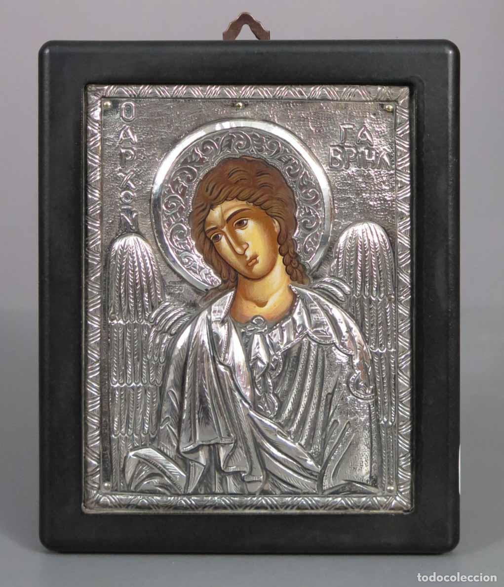 Arte: ICONO. ARCANGEL GABRIEL. RIZA DE PLATA. PINTADO A MANO. SIGLO XX