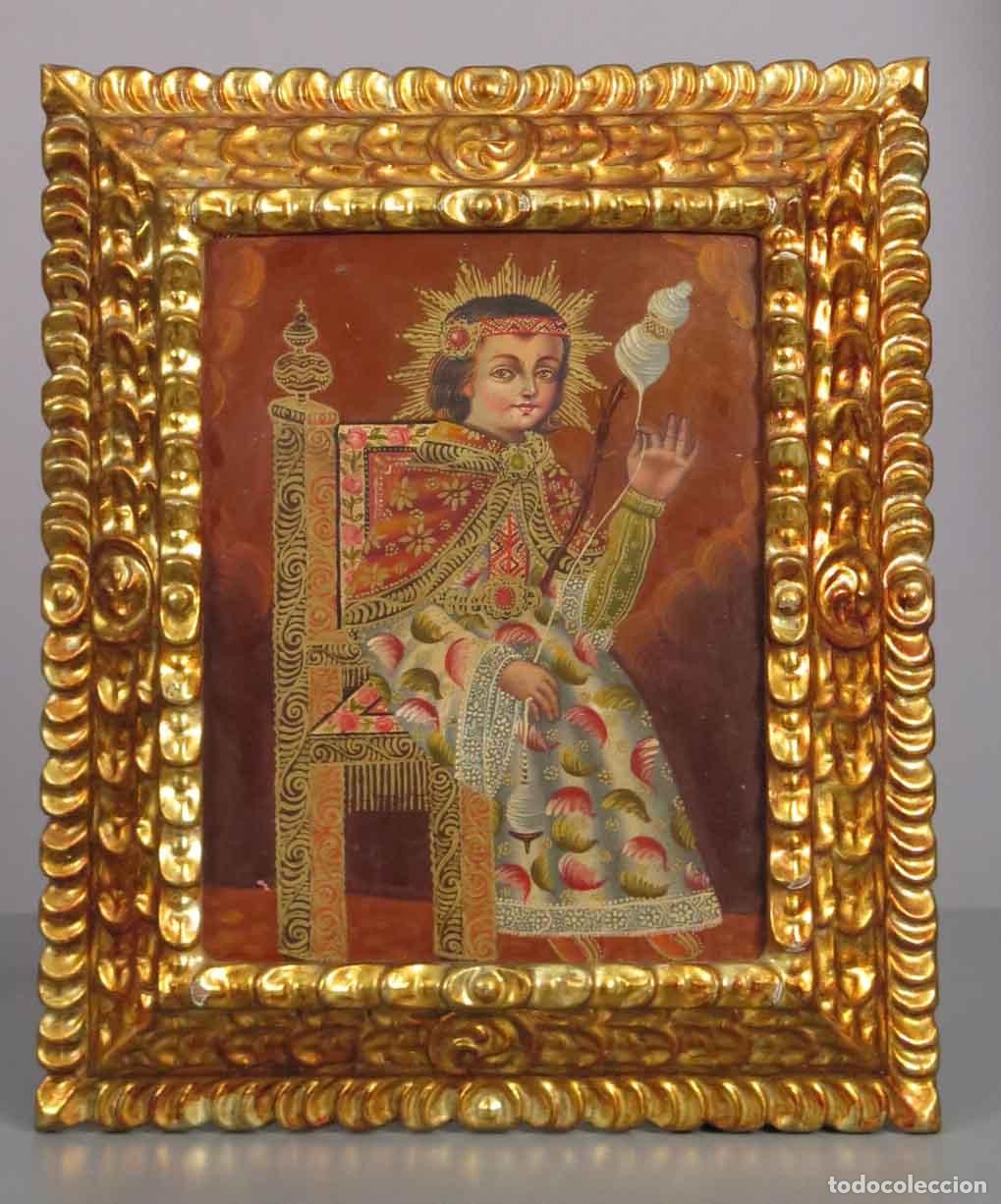 Arte: VIRGEN HILANDERA. OLEO S/ TABLA. MARCO SIGUIENDO MODELOS DE EPOCA. ESCUELA CUZQUE&Ntilde;A. SIGLO XX