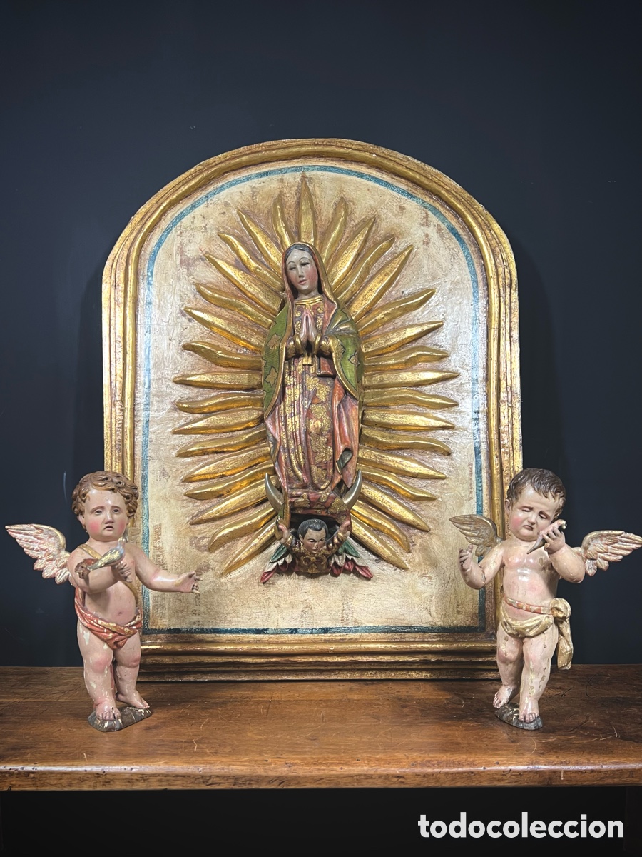 Arte: Guadalupana, Relieve en madera. 65cm. M&eacute;xico, c.1800