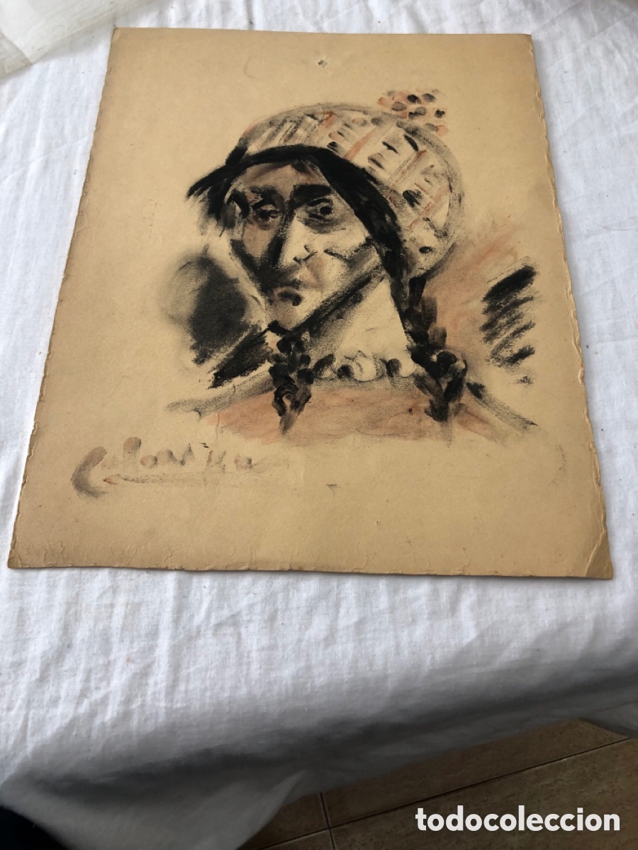 Arte: 2 Dibujos originales antiguos t&eacute;cnica mixta retrat&oacute; y escenas religiosas vintage