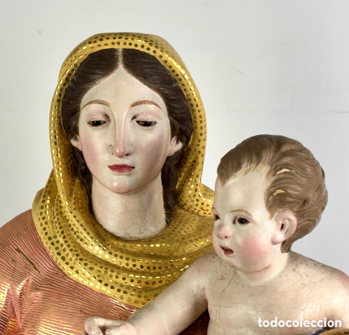 Arte: GRAN VIRGEN Y NI&Ntilde;O JES&Uacute;S DE LA BOLA MADERA POLICROMADA, SIGLO XIX - 81 CM