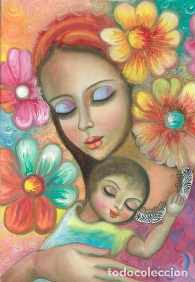 Arte: NAVARRO: Virgen y Ni&ntilde;o Jes&uacute;s, Floral- &oacute;leo Original de Autora