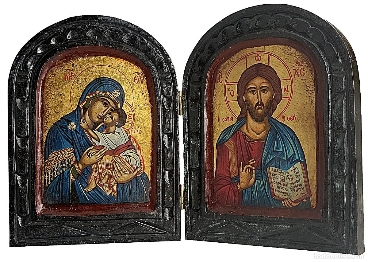 Arte: Diptico icono con cristo y virgen - Foto 1