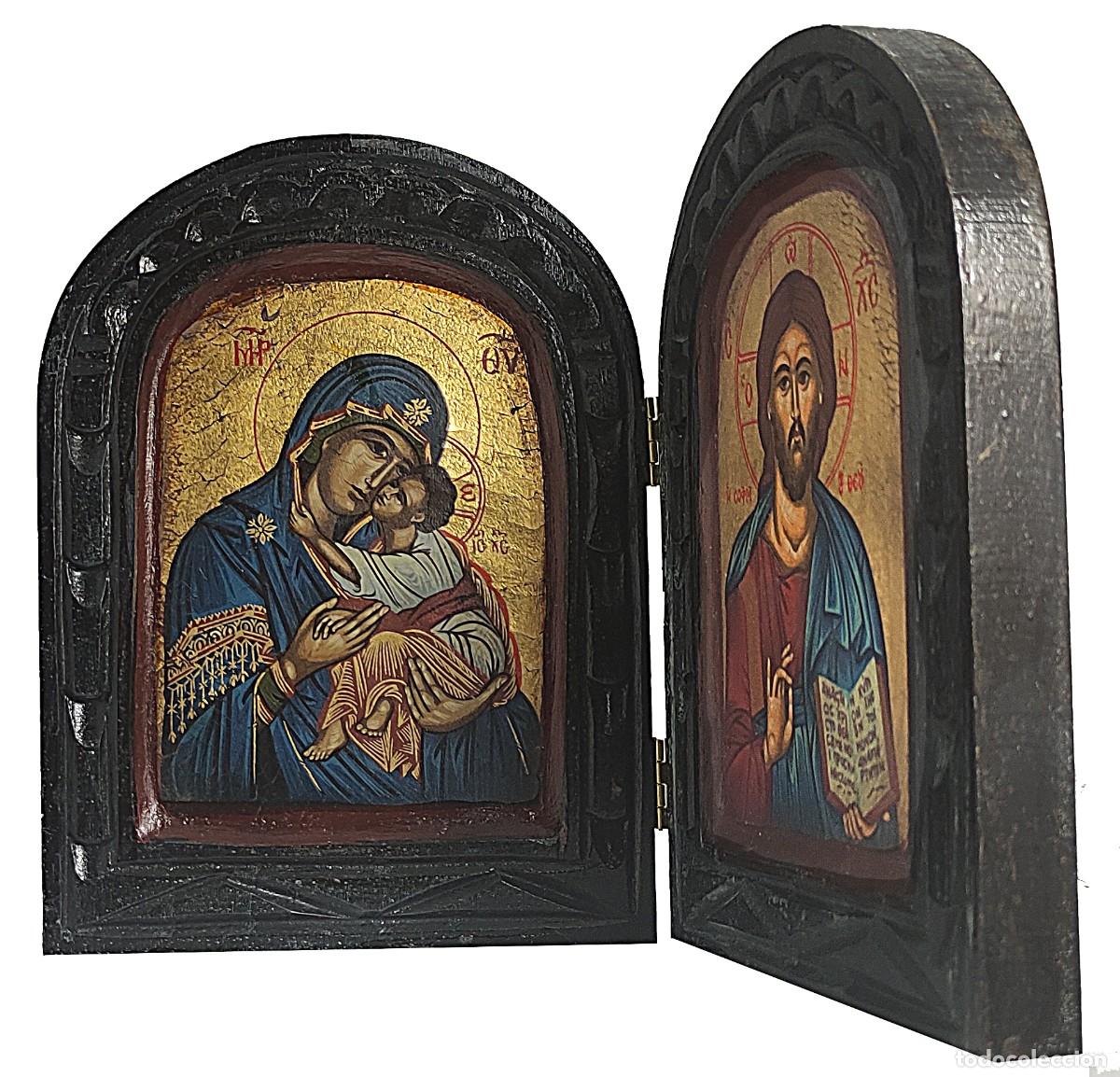 Arte: Diptico icono con cristo y virgen - Foto 3
