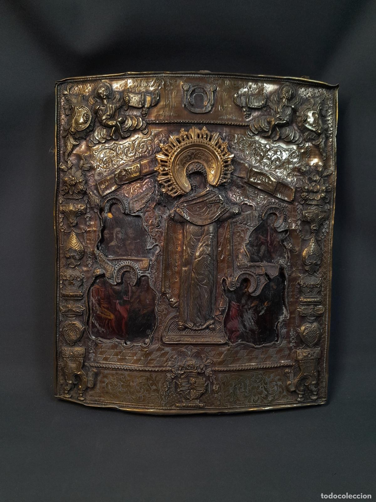 Arte: ICONO RUSO PINTADO AL TEMPLE SOBRE TABLA CON CUBIERTA METALICA CINCELADA. S.XIX