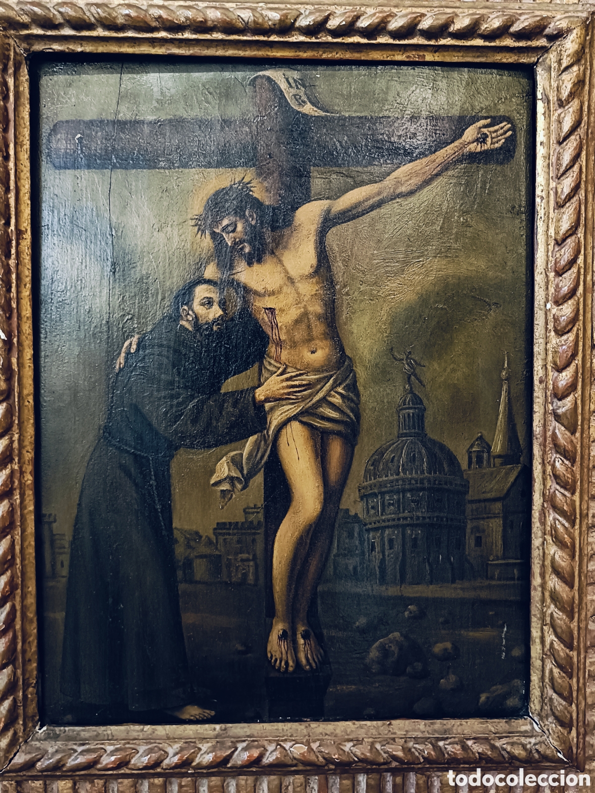 Arte: OLEO SOBRE TABLA. ESCUELA ESPA&Ntilde;OLA SIGLO XVIII. SAN FRANCISCO ABRAZANDO A CRISTO EN LA CRUZ