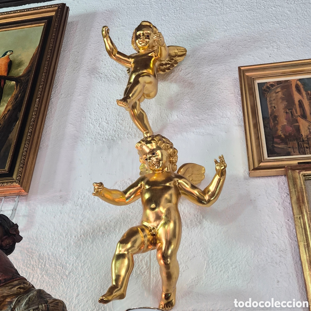 Arte: Pareja de &aacute;ngeles querubines madera dorada