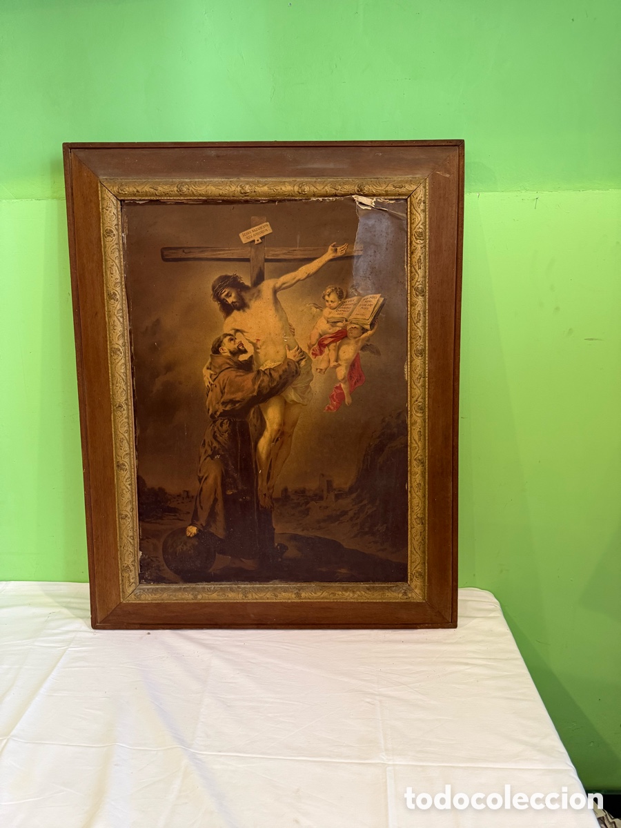Arte: Antiguo cuadro religioso Cristo crucificado marco original siglo XIX 90x70 cm