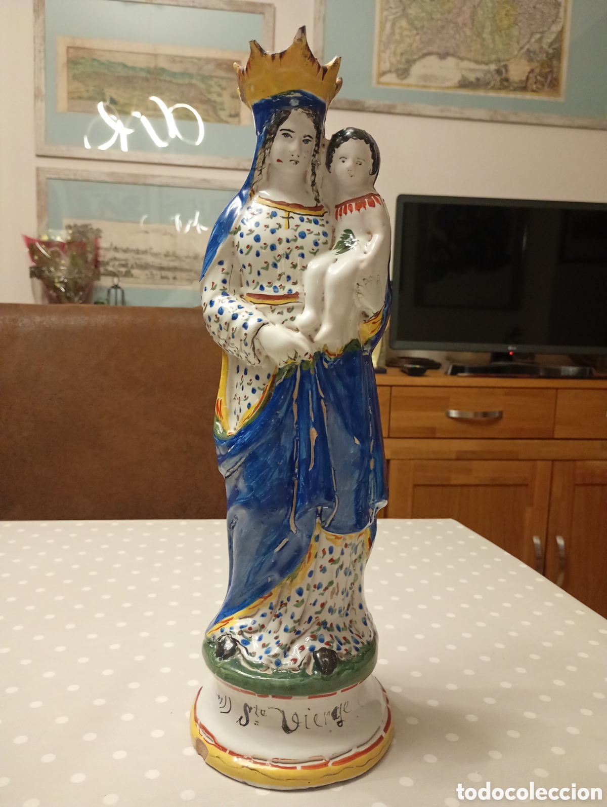 Arte: Gran imagen de la Virgen Mar&iacute;a, loza, Quimper, Alfred Porquier, Beau, siglo XIX, Breta&ntilde;a, Francia