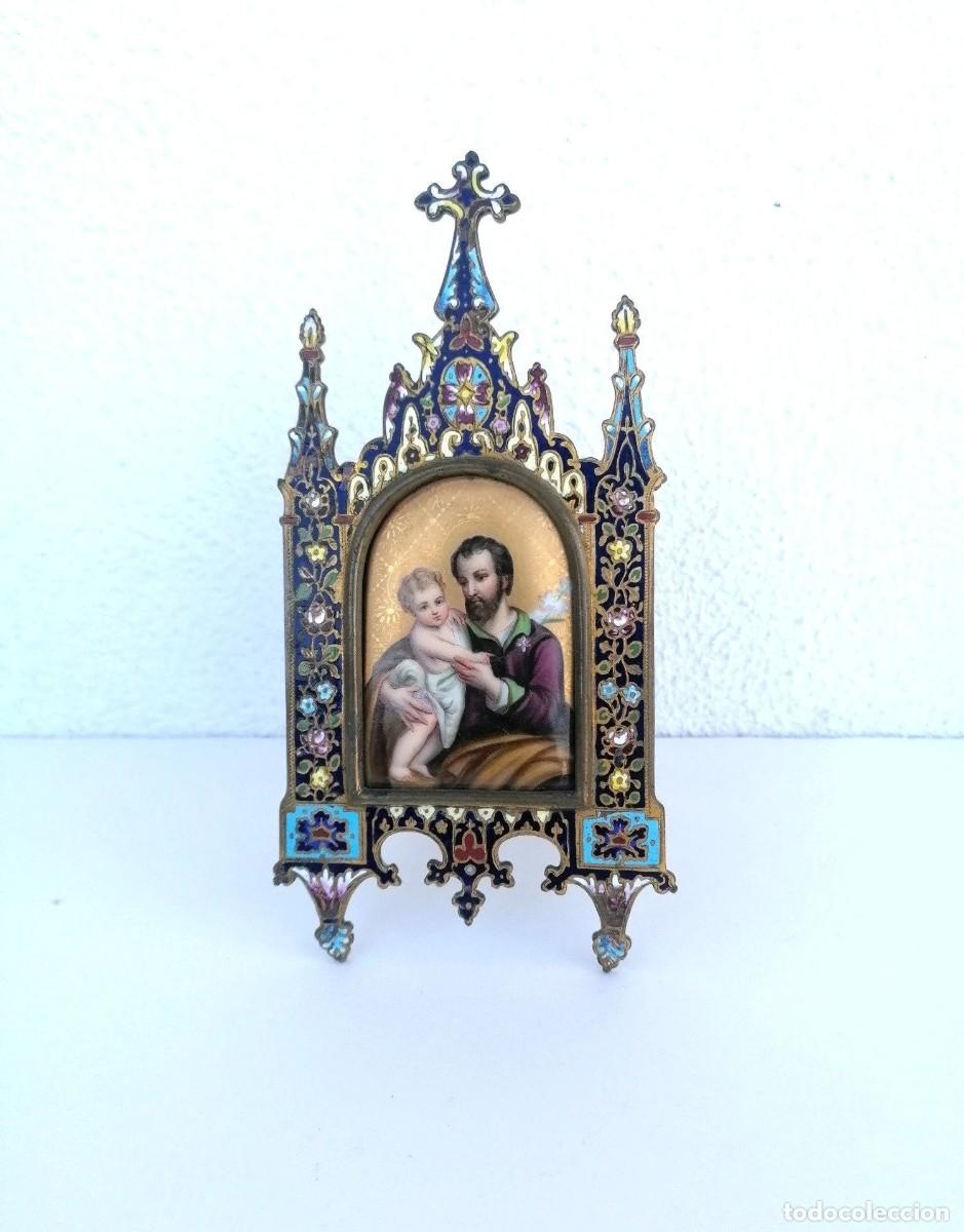 Arte: Pintura antigua en miniatura de porcelana de San Jos&eacute; de San Jos&eacute; en un marco de esmalte.