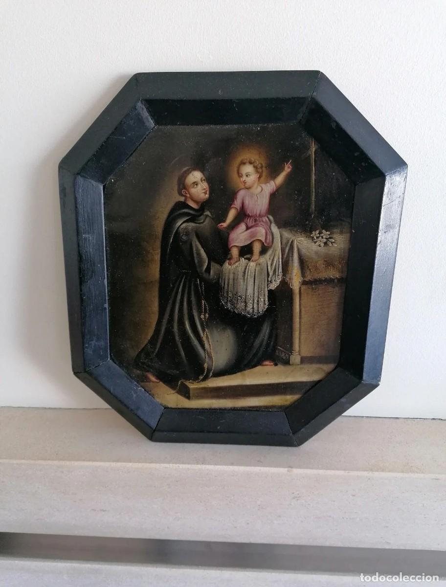 Arte: Pintura religiosa al &oacute;leo de San Antonio con el Ni&ntilde;o Jes&uacute;s, probablemente de Portugal o Espa&ntilde;a.