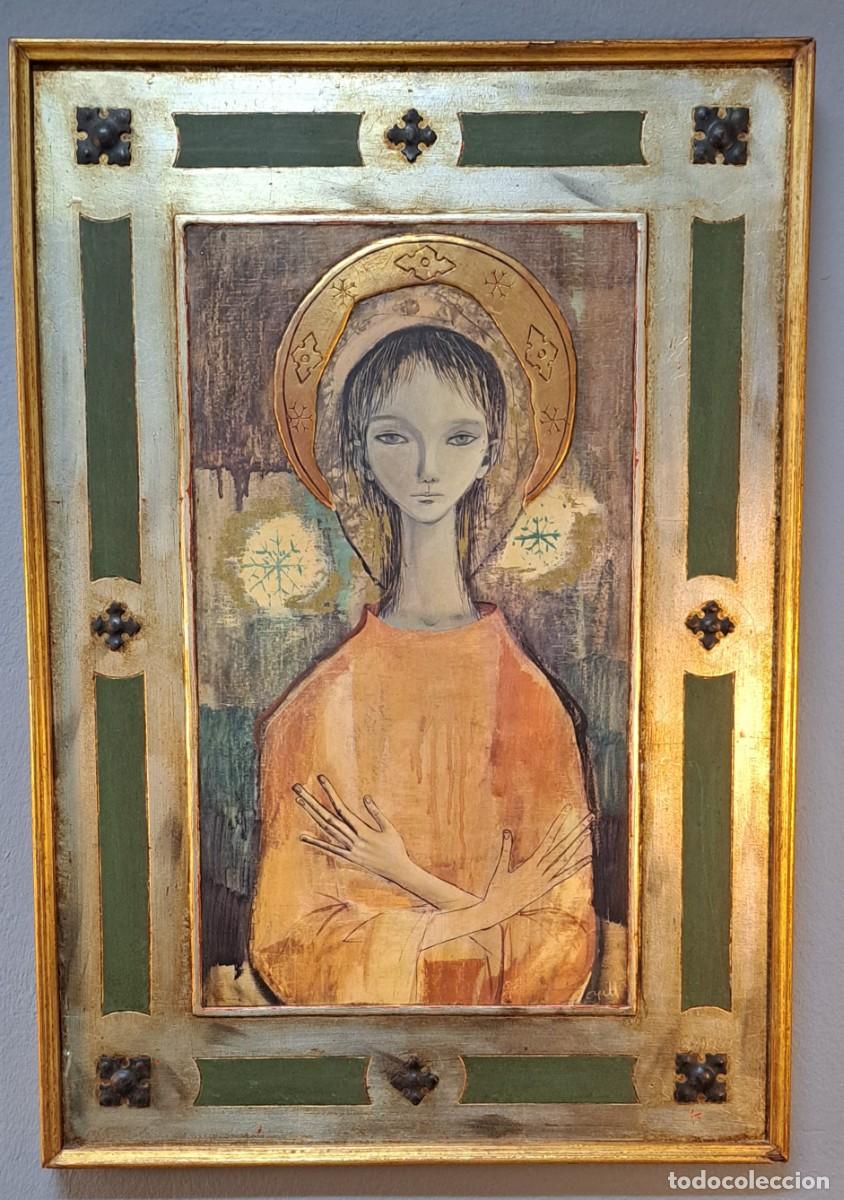 Arte: Imagen de la Virgen Mar&iacute;a, decoraci&oacute;n pan oro y plata, vintage, siglo XX