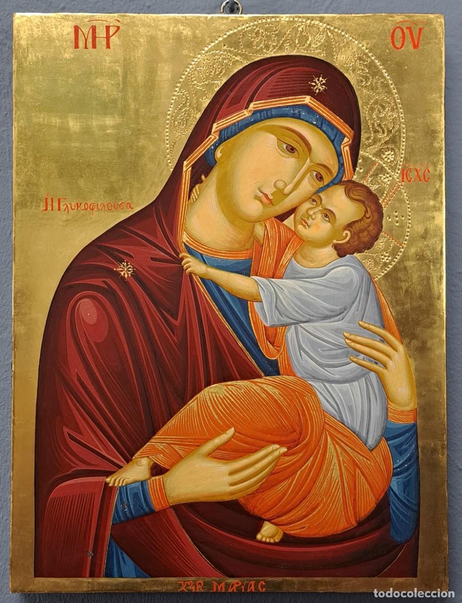 Arte: Icono de la Virgen con Ni&ntilde;o &ndash; Pintado a mano &ndash; Oro 24K, a&ntilde;o 2000