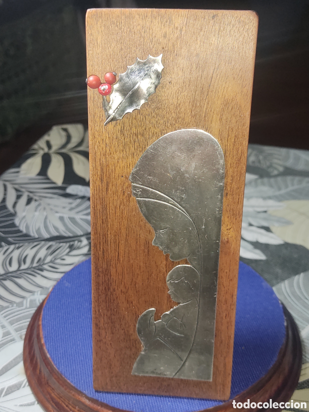 Arte: Imagen & icono de la virgen Mar&iacute;a y el ni&ntilde;o Jes&uacute;s de plata 925 y madera de casta&ntilde;o.Firmado.