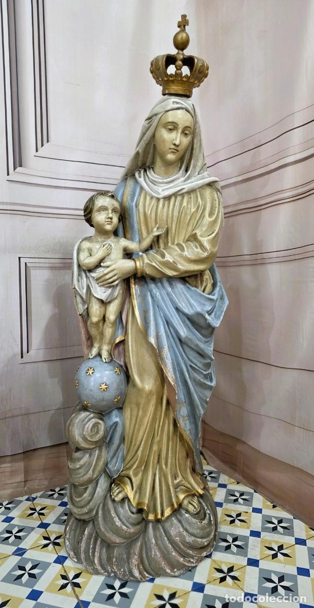 Arte: Antigua talla de madera escultura religiosa de la Virgen Maria con el ni&ntilde;o Jes&uacute;s