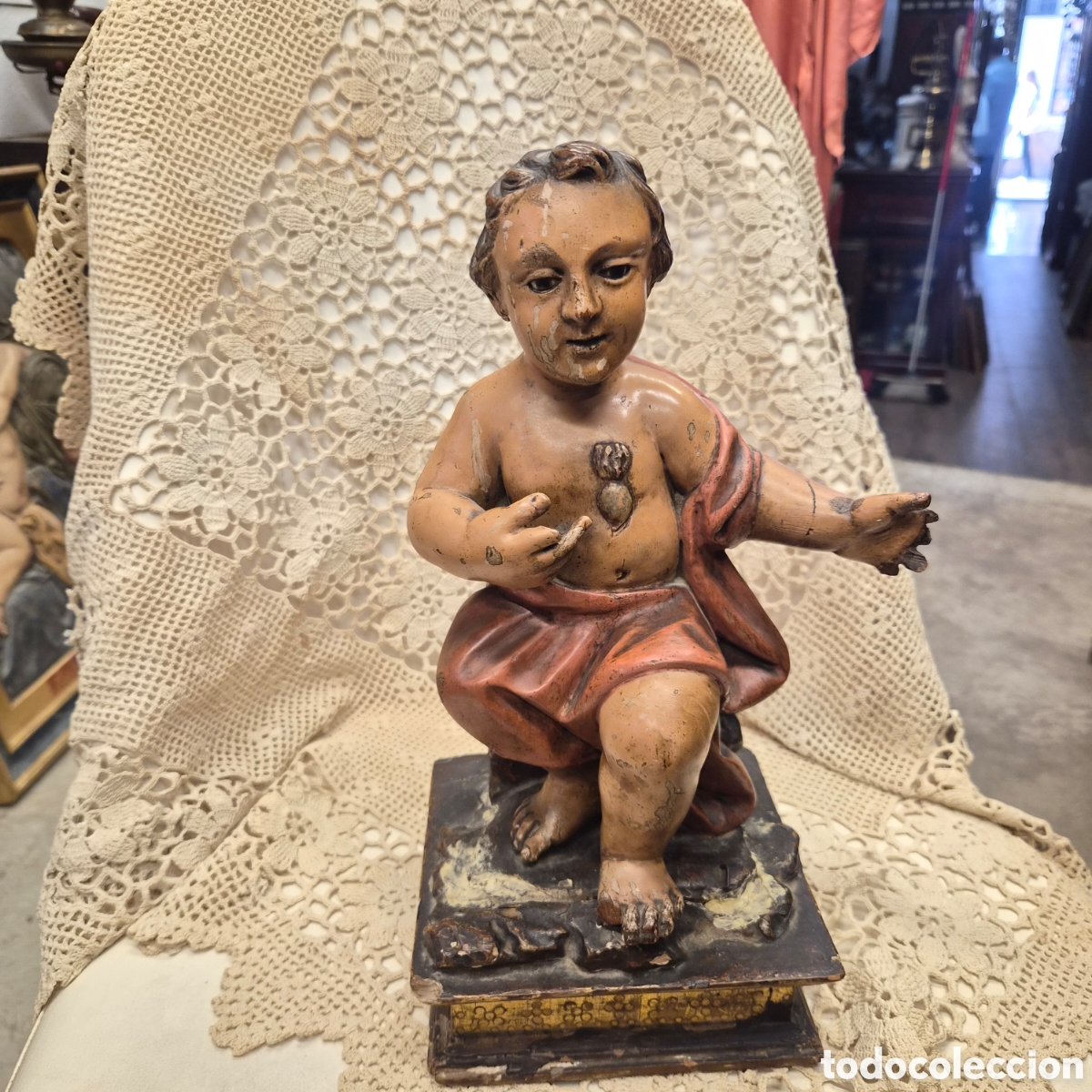 Arte: Ni&ntilde;o Jes&uacute;s madera policromada siglo XVIII 36 cm talla antigua religiosa