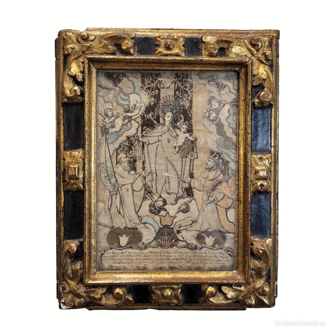 Arte: Grabado y bordado devocional religioso Barroco , S XVIII que representa a la Virgen de la Merced