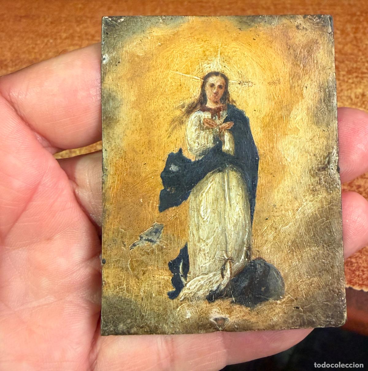 Arte: Virgen Inmaculada , miniatura &oacute;leo cobre S.XVIII-XIX , 72x55 mm.