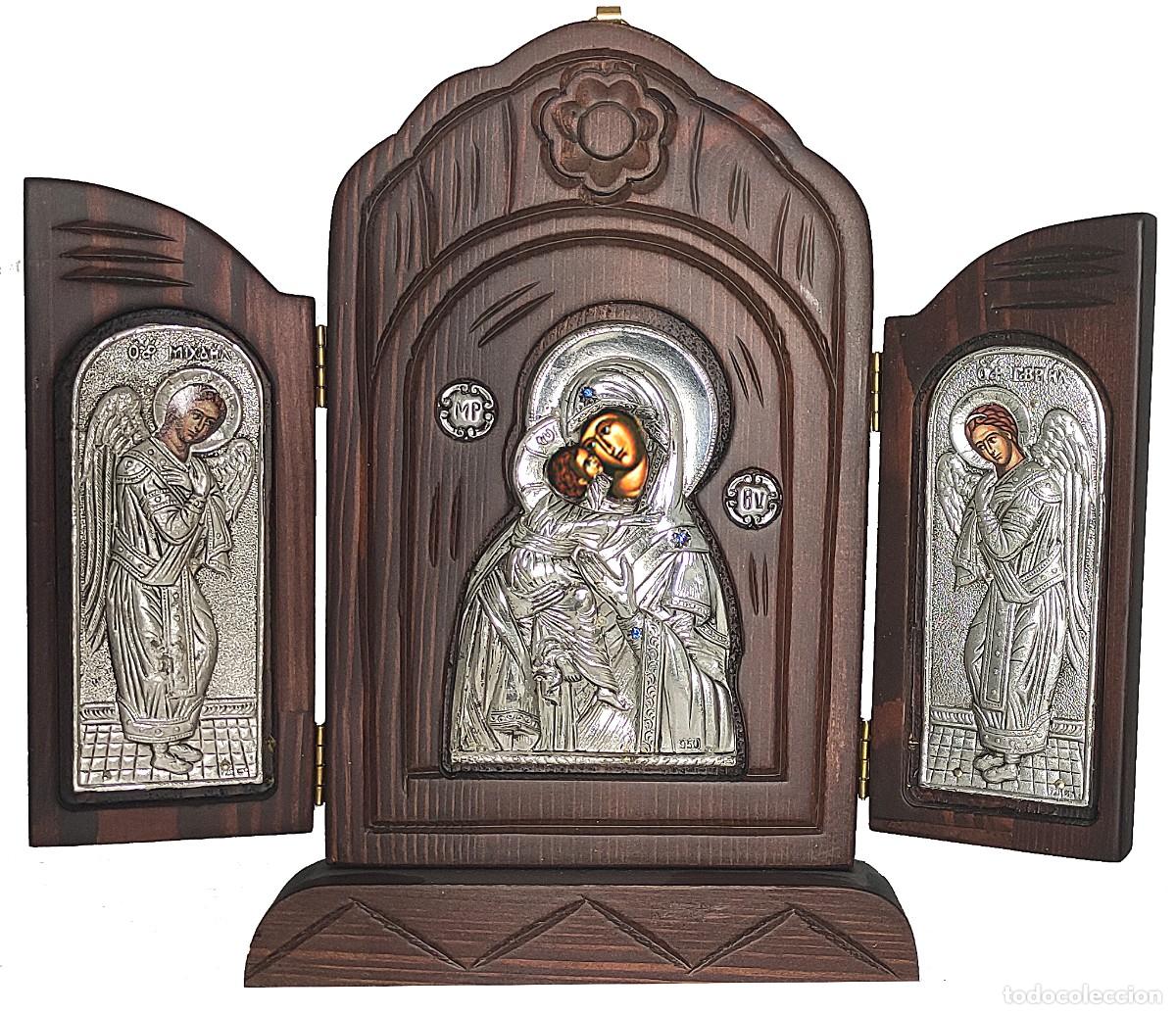 Arte: Tr&iacute;ptico Icono de plata sobre madera