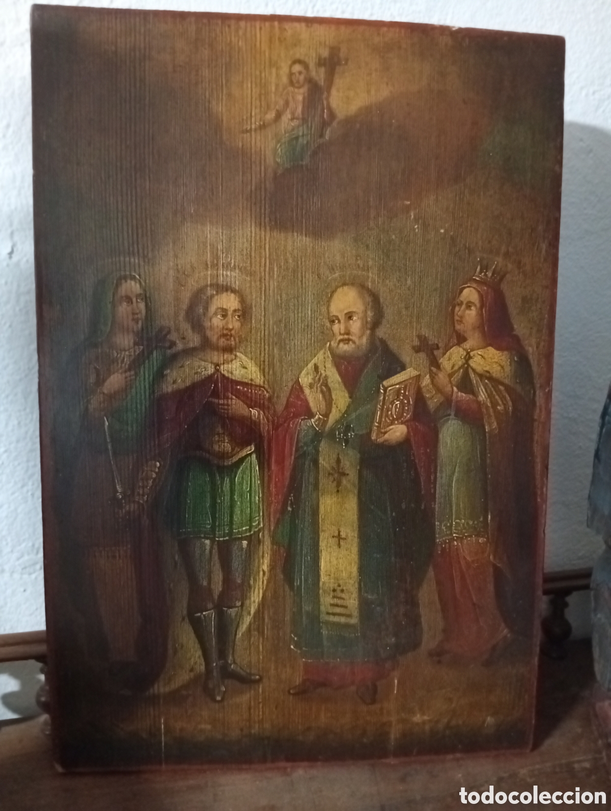 Arte: Antiguo icono religioso cuatro santos tabla de madera