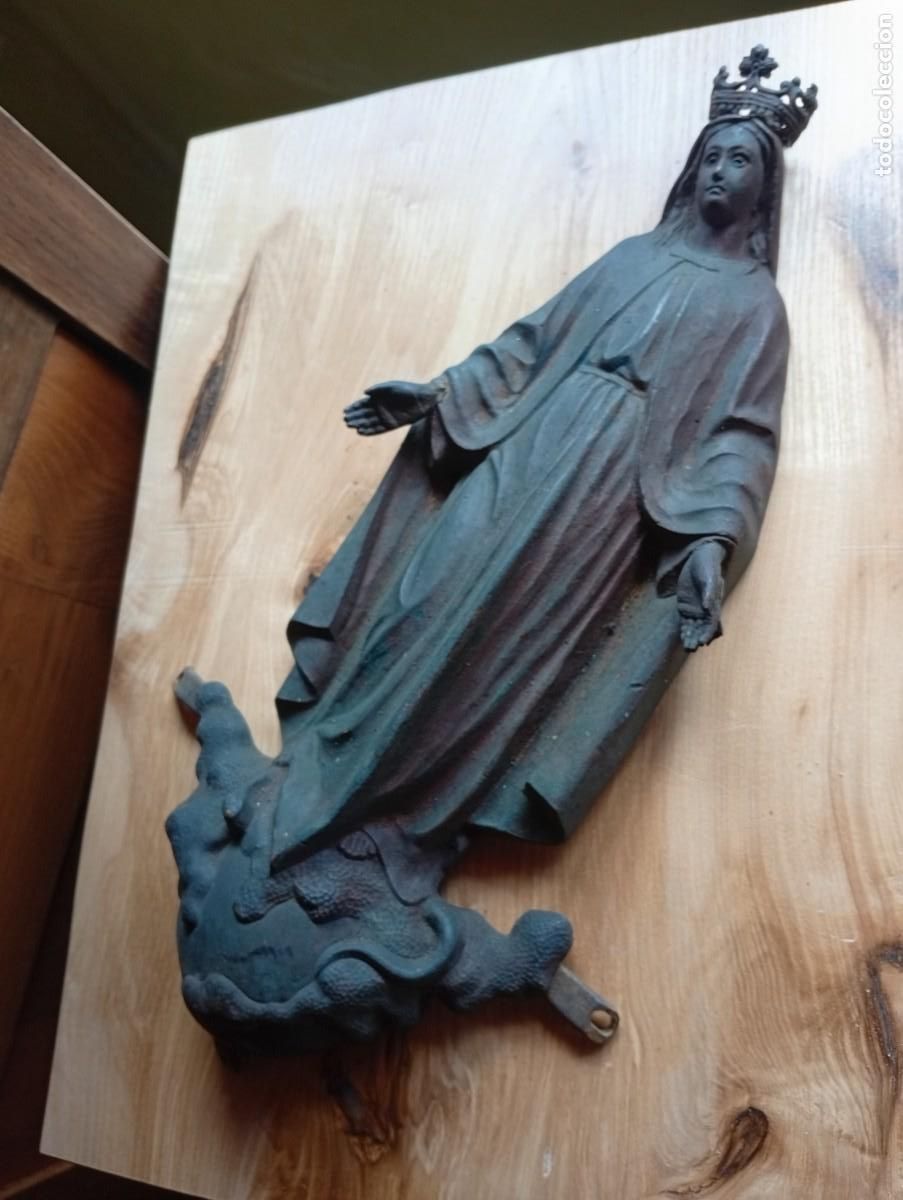 Arte: Pesada figura virgen corona de bronce escultura religiosa fundici&oacute;n para capilla original a&ntilde;os 50