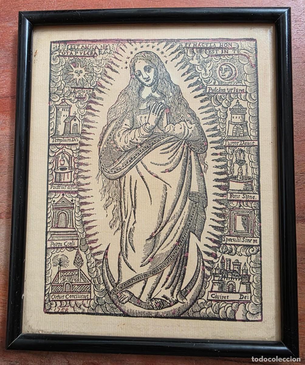 Arte: Grabado religioso antiguo Virgen Inmaculada estilo popular enmarcado 22x19CM