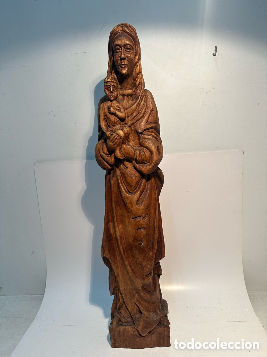 Arte: VIRGEN CON NI&Ntilde;O JESUS, TALLA DE MADERA MACIZA DE MEDIADOS DEL SIGLO XX. 69CM ALTURA.