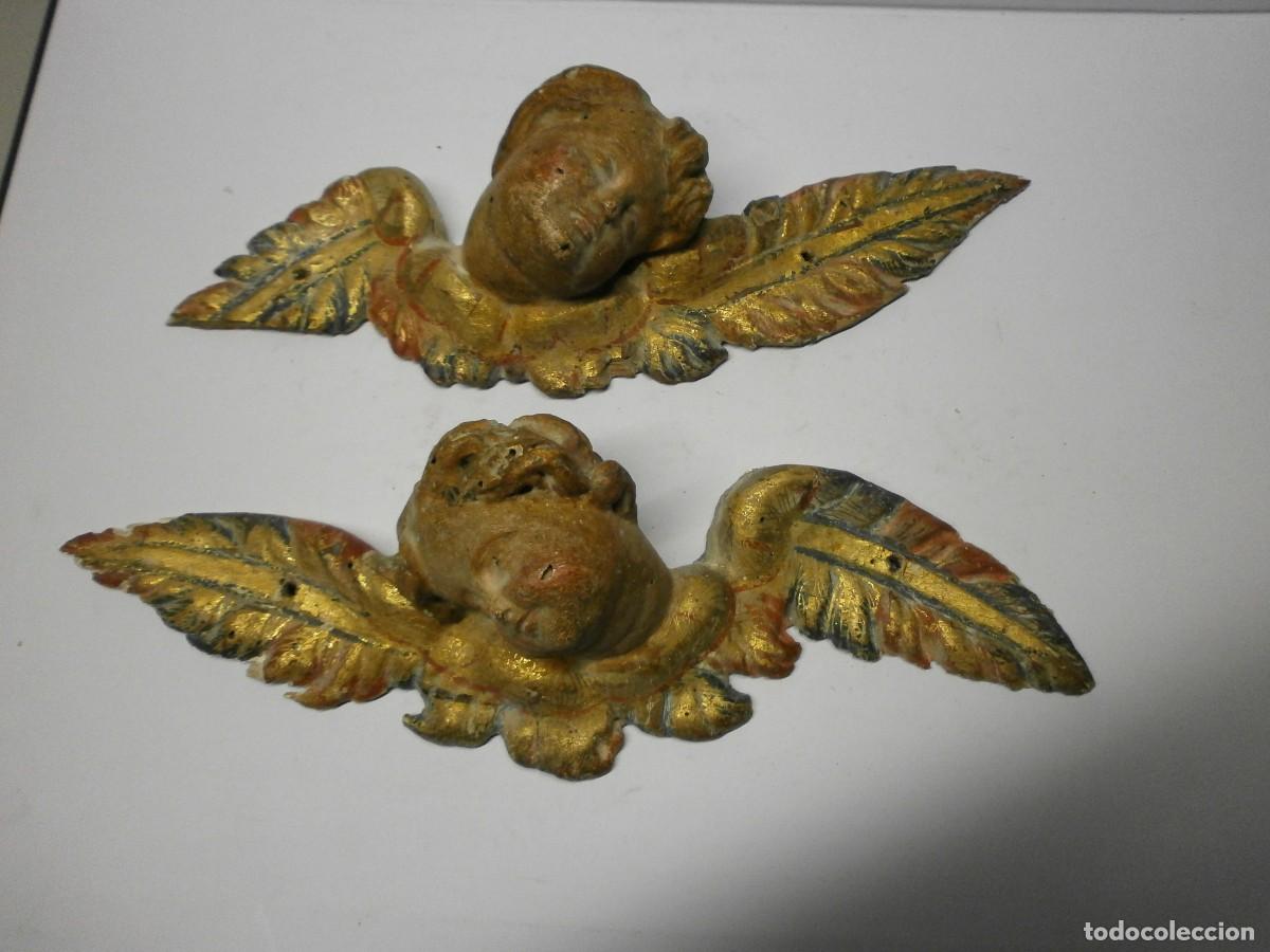 Arte: antiguas tallas de madera policromada pareja de angelotes angeles alados querubines puttis