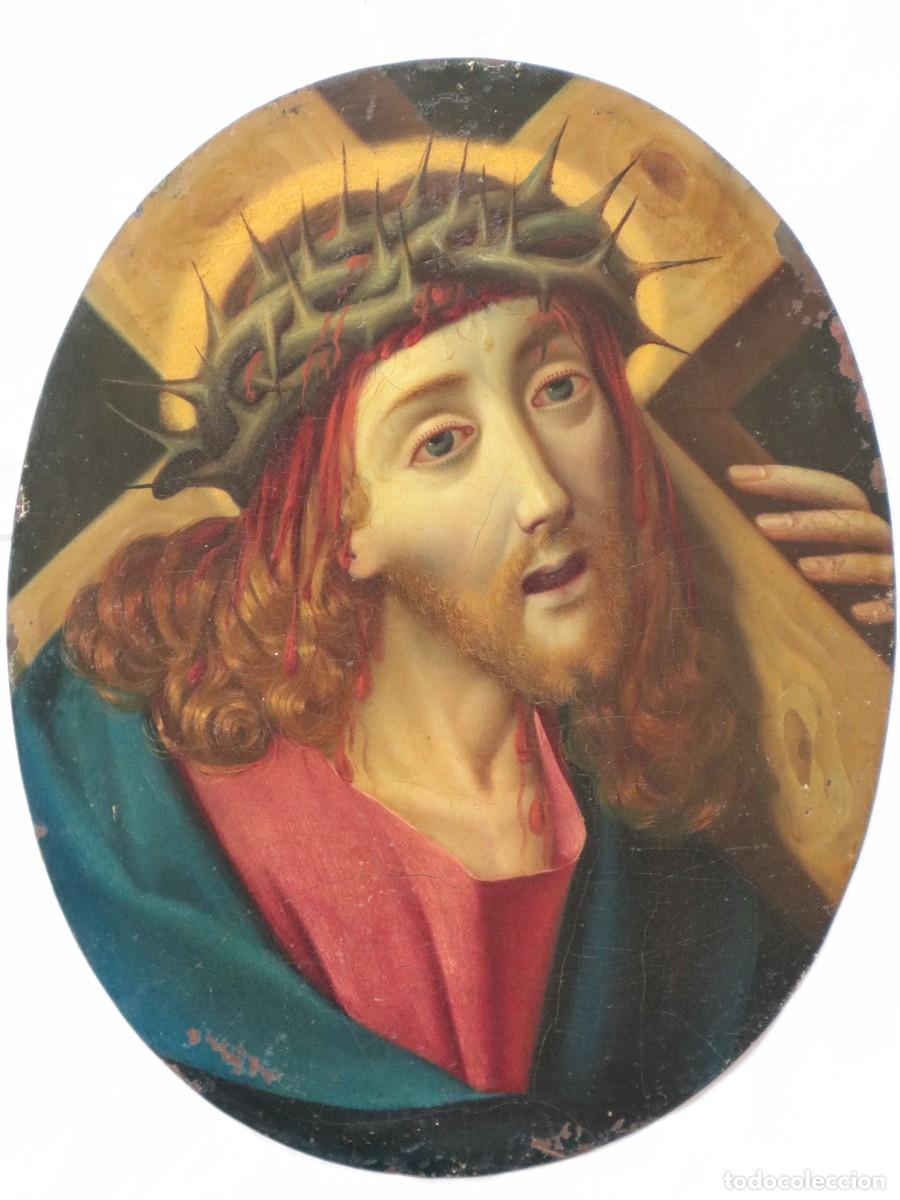 Arte: Jes&uacute;s cargando con la cruz. &Oacute;leo sobre cobre. Siglo XIX. Mide 24 x 19,5 cm.