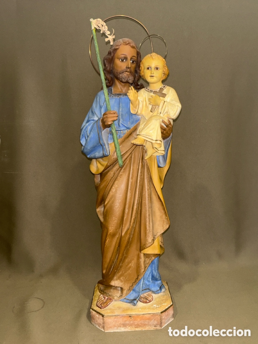 Arte: PRECIOSA ESCULTURA SAN JOS&Eacute; CON NI&Ntilde;O, ESTUCO POLICROMADO, OJOS DE CRISTAL 62 CM SIN AUREOLA, OLOT