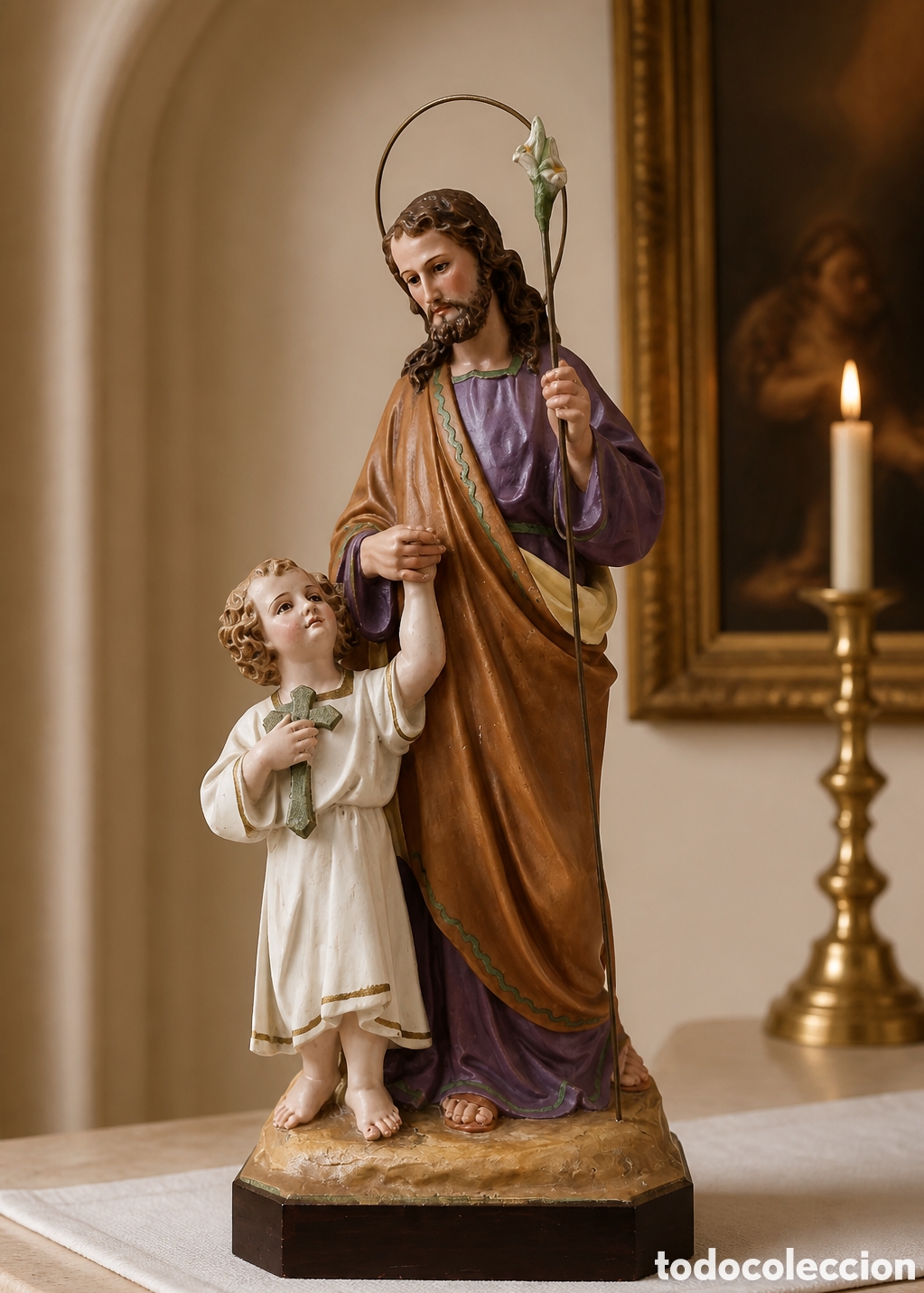 Arte: ANTIGUA IMAGEN RELIGIOSA SAN JOS&Eacute; CON NI&Ntilde;O JES&Uacute;S, OLOT , ARTE OLOTENSE. 34CM ALTO. 14x11CM LA BASE