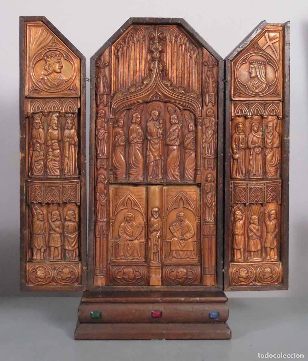 Arte: TRIPTICO NEOGOTICO. COBRE Y MADERA DE ROBLE. REYES CATOLICOS. FINALES SIGLO XIX. FIRMADO