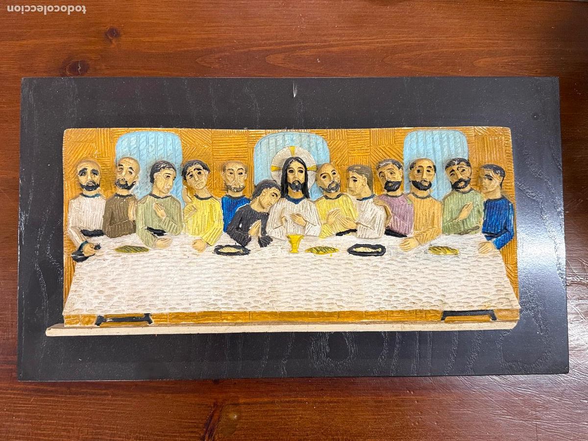 Arte: Curiosa y bonita SANTA CENA. Sello Taller Dimosa de Olot. 43x24cms en total.