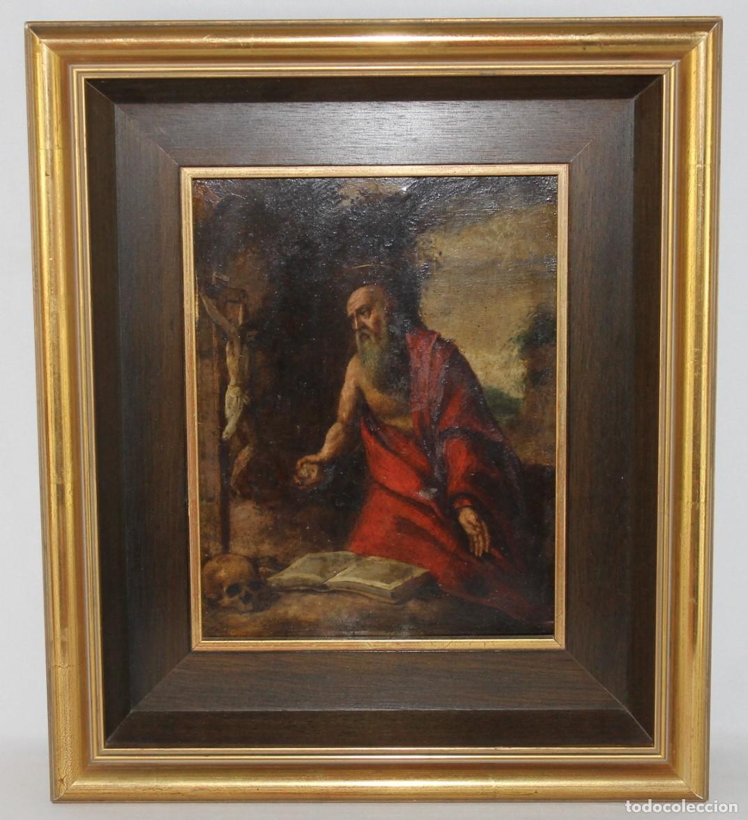 Arte: &Oacute;leo sobre cobre. San Jer&oacute;nimo meditando ante el crucifijo. Siglo XIX