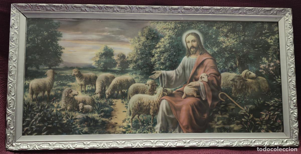 Arte: Cuadro antiguo con l&aacute;mina de Jes&uacute;s como el Buen Pastor
