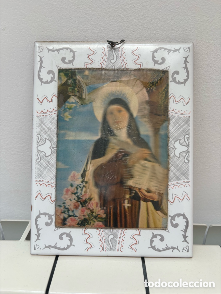 Arte: Antiguo Cuadro Cer&aacute;mico 3D Santa Teresita - CEDOLESA Manises - 19x14 cm - A&ntilde;os 60