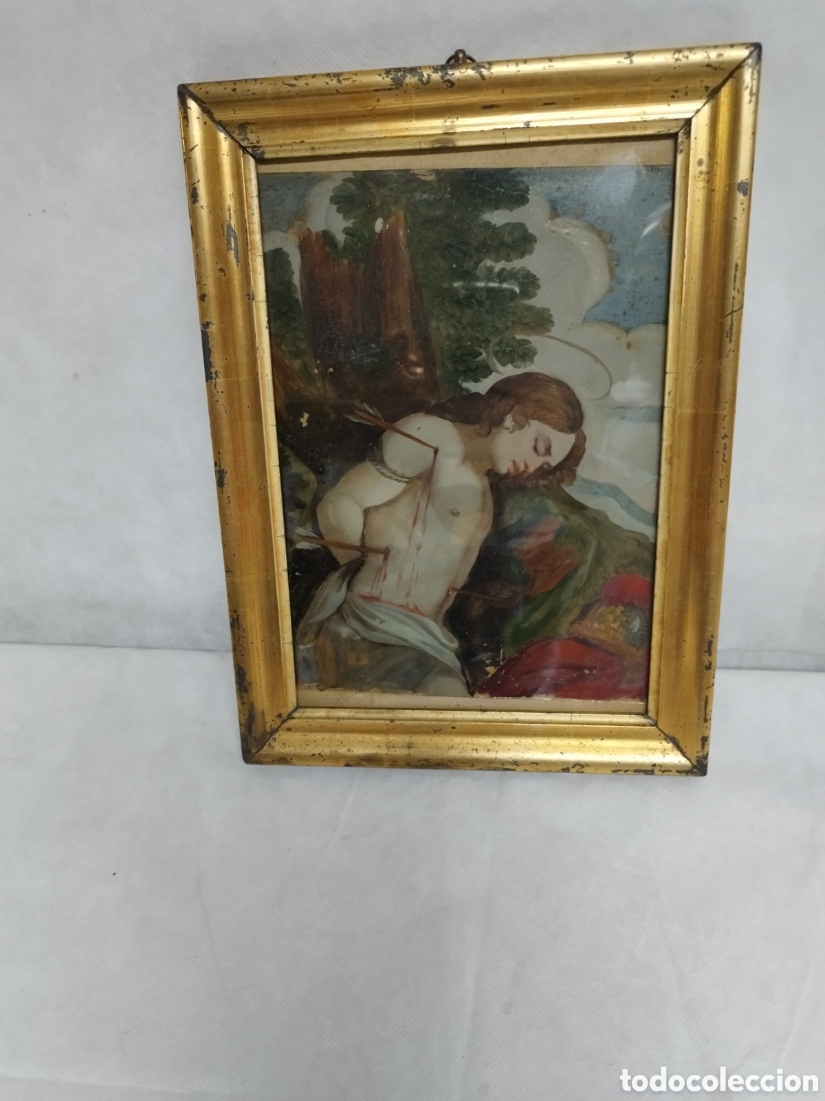 Arte: Cristal pintado &oacute;leo San Sebasti&aacute;n escuela espa&ntilde;ola siglo XVIII marco XIX