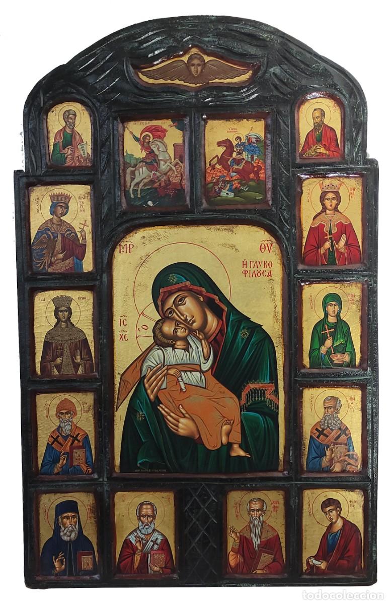 Arte: Pol&iacute;ptico icono con la virgen de la ternura, santos y santas