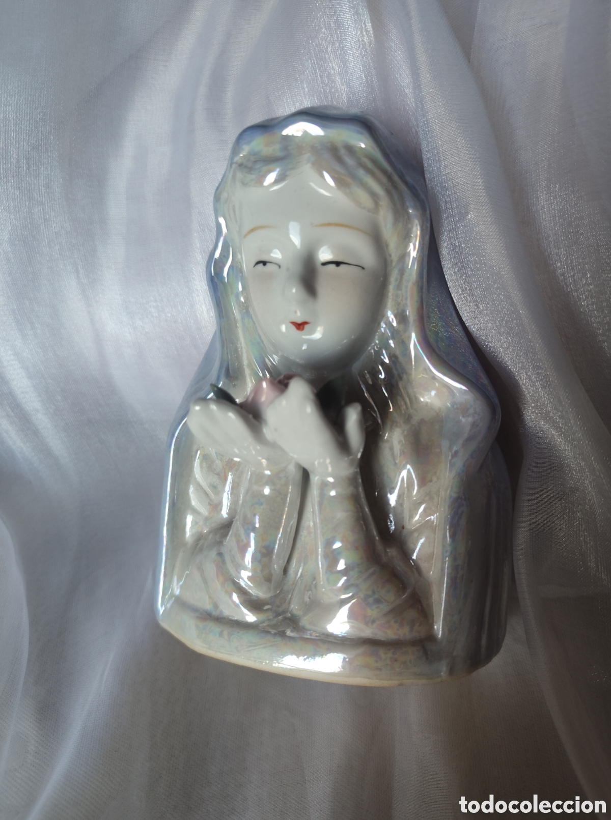 Arte: Figura Virgen porcelana nacarada vintage 13 cm decoraci&oacute;n religiosa